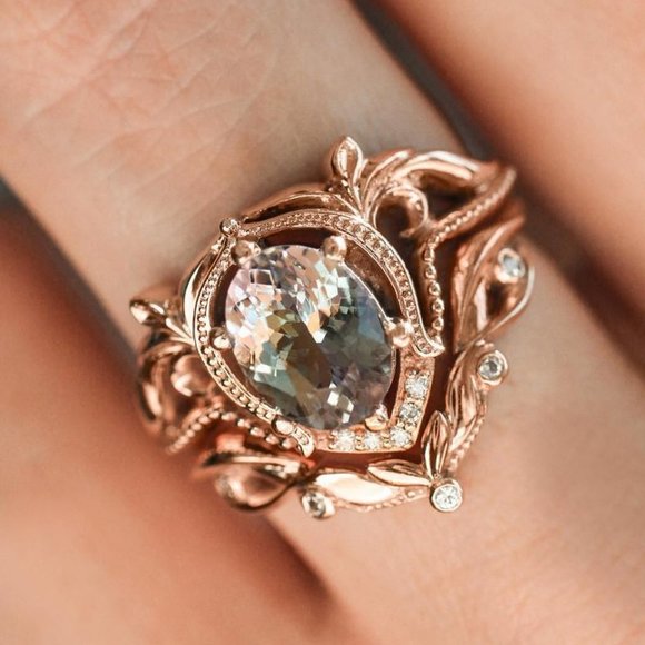 NEW Rose Gold Vintage Oval Diamond Art Deco Ring - Picture 2 of 9